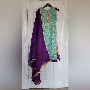 3 pieces Dress long pistachio color top orange skirt purple dupatta